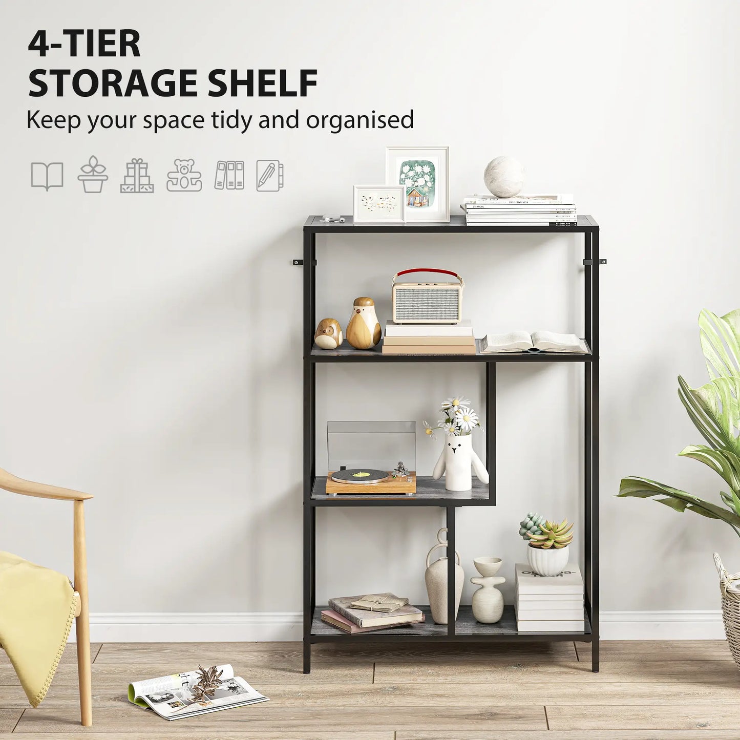 4-tier storage shelf with decorative items on a wooden floor against a white wall.