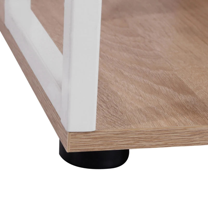 Close-up of a wooden table corner with a white edge and black leg on a white background