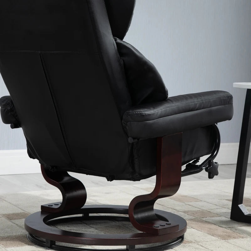 Black recliner chair with wooden base in a room setting