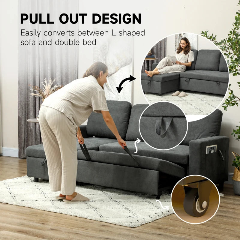 Gray sectional sofa with pull-out mechanism converting it into a double bed, shown in a living room setting.