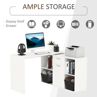 White L-shaped desk with computer setup, storage shelves, and icons indicating features.