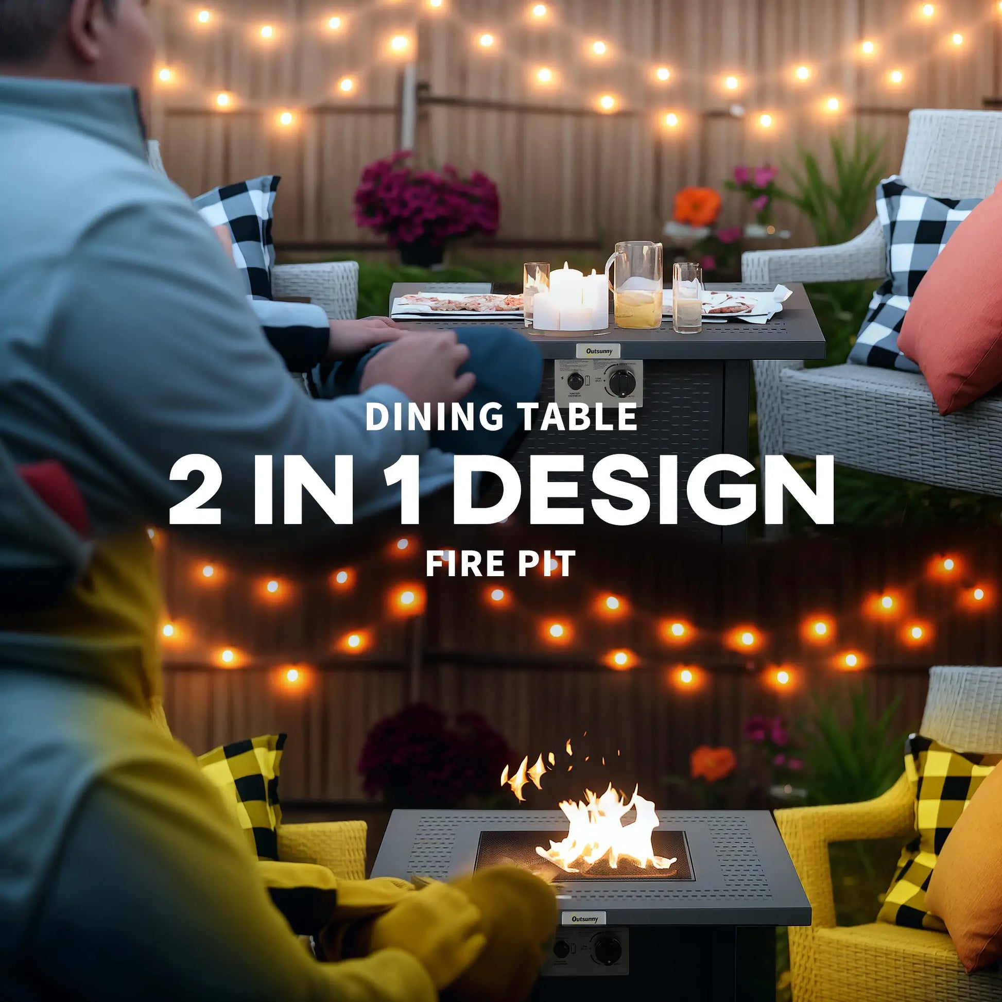 Outdoor dining table with fire pit feature, people sitting around, string lights in the background