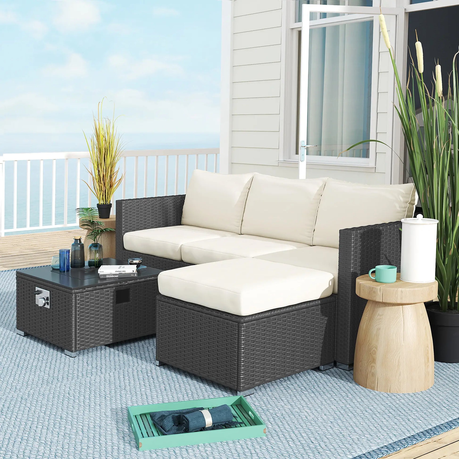 Outsunny Five Piece Rattan Garden Furniture Set with Gas Fire Pit Table and Footstool