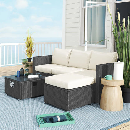 Outsunny Five Piece Rattan Garden Furniture Set with Gas Fire Pit Table and Footstool
