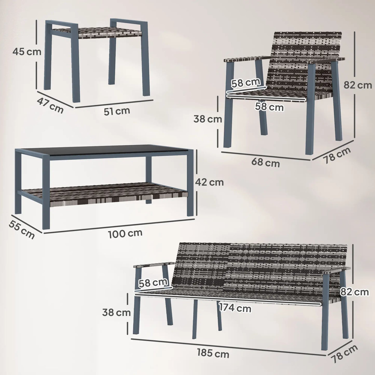 Dimensions of outdoor furniture including a table, chairs, and a bench on a white background.