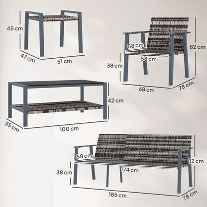Dimensions of outdoor furniture including a table, chairs, and a bench on a white background.