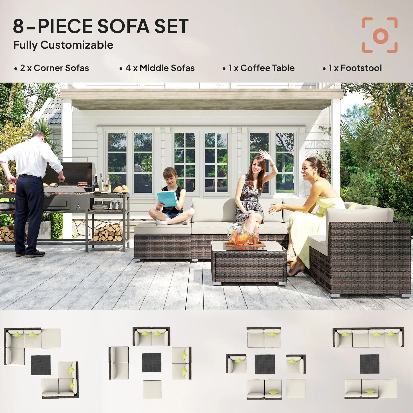 8-piece outdoor sofa set with customizable options on a patio.