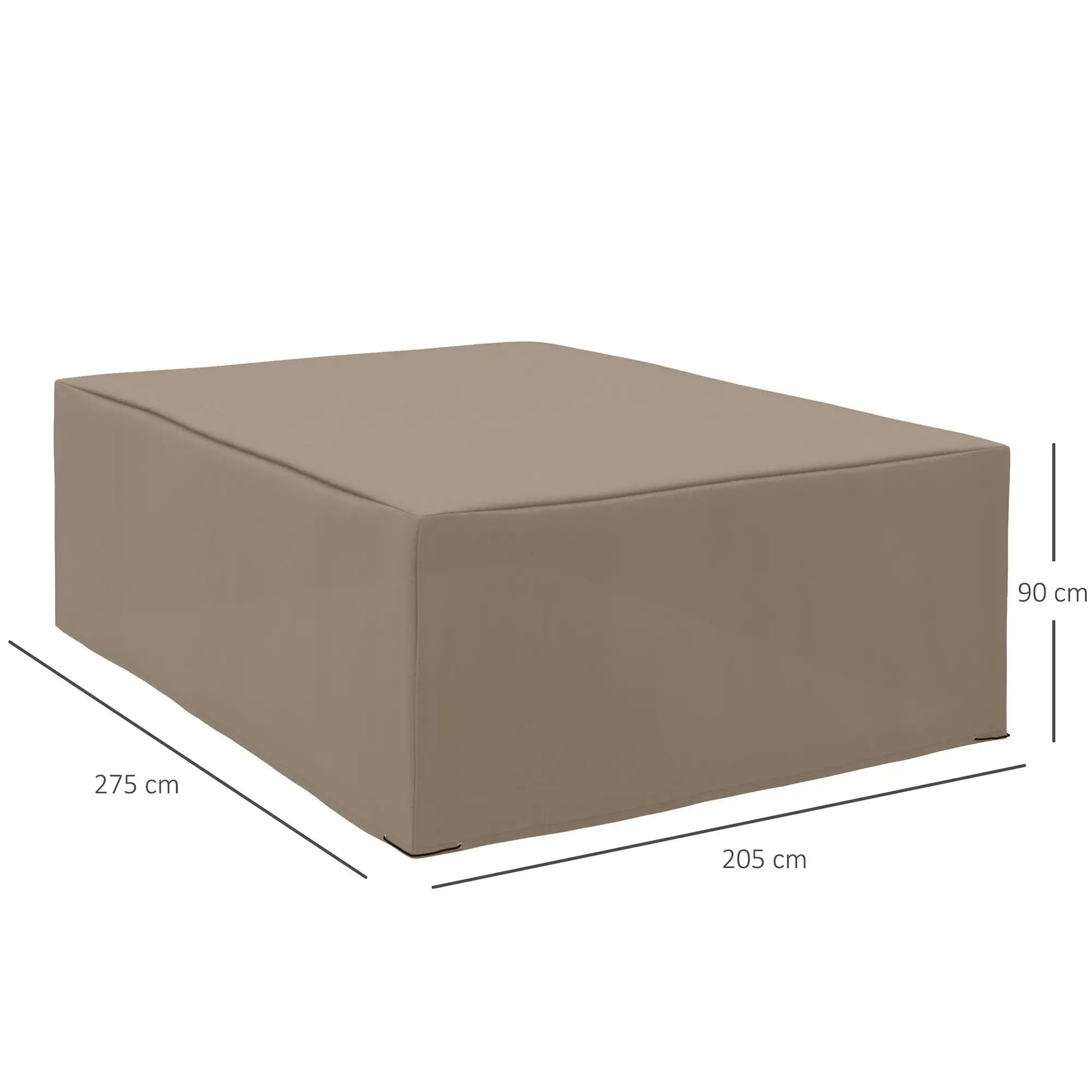 Brown square ottoman with dimensions on a white background
