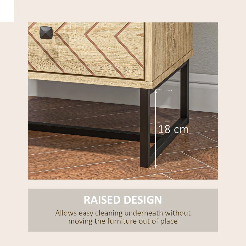 Wooden cabinet with geometric pattern on a tiled floor, showing a raised design feature.