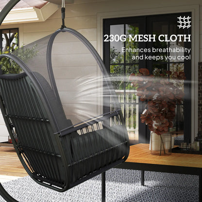 Black hanging chair with 230G mesh cloth on a patio