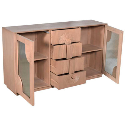 Wooden cabinet with open doors and drawers on a white background