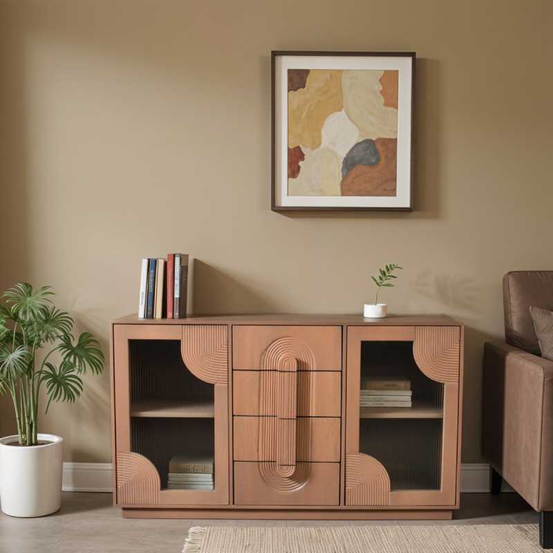 Wooden sideboard with abstract art on the wall in a living room setting.
