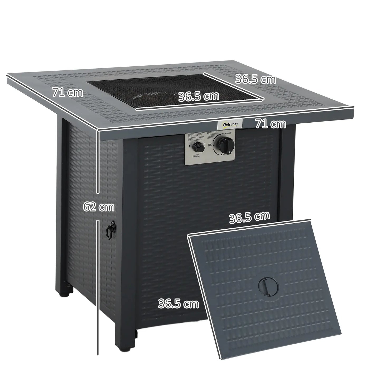 Outdoor fire pit table with dimensions labeled on a white background