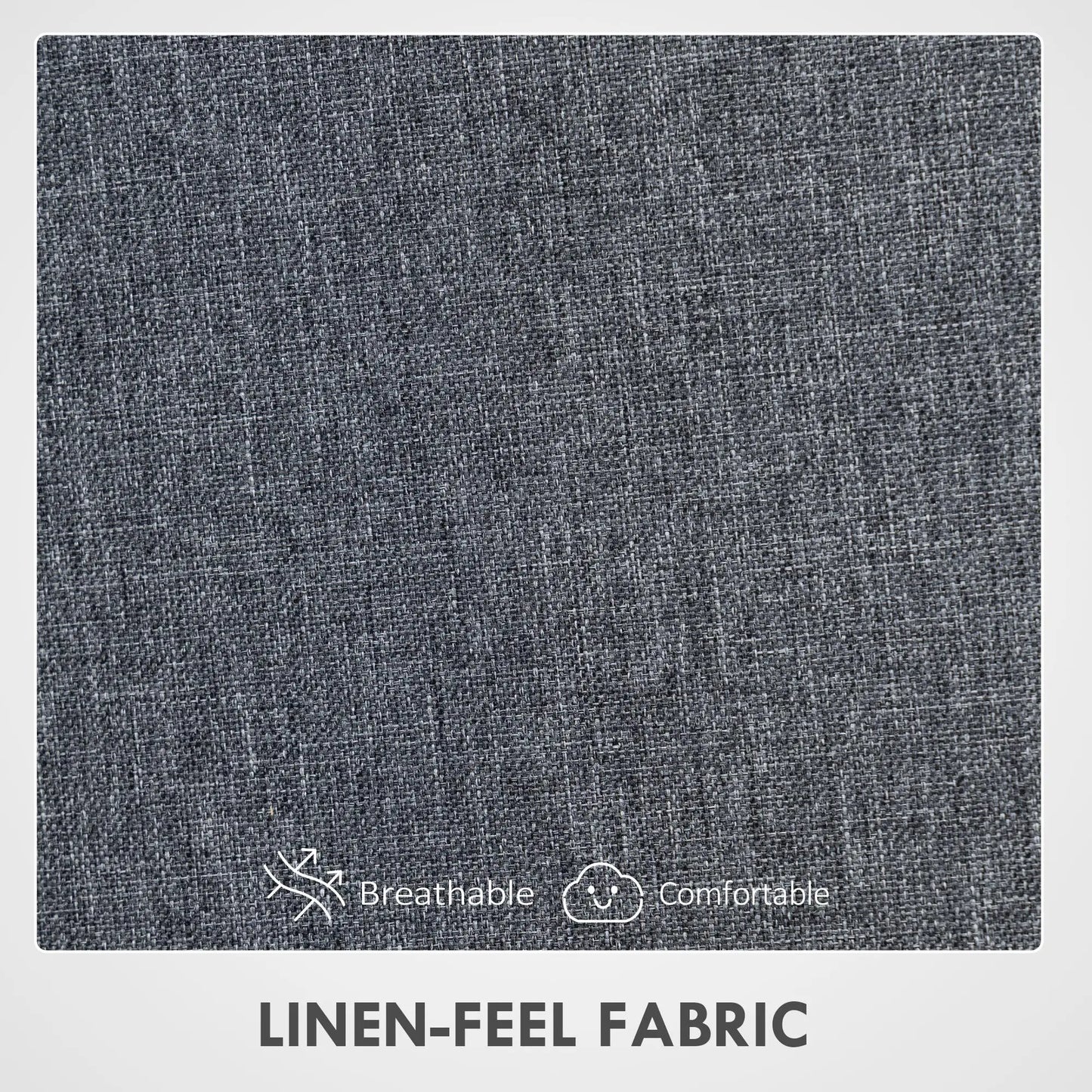 Gray linen-feel fabric swatch with 'Breathable' and 'Comfortable' icons on a gray background.