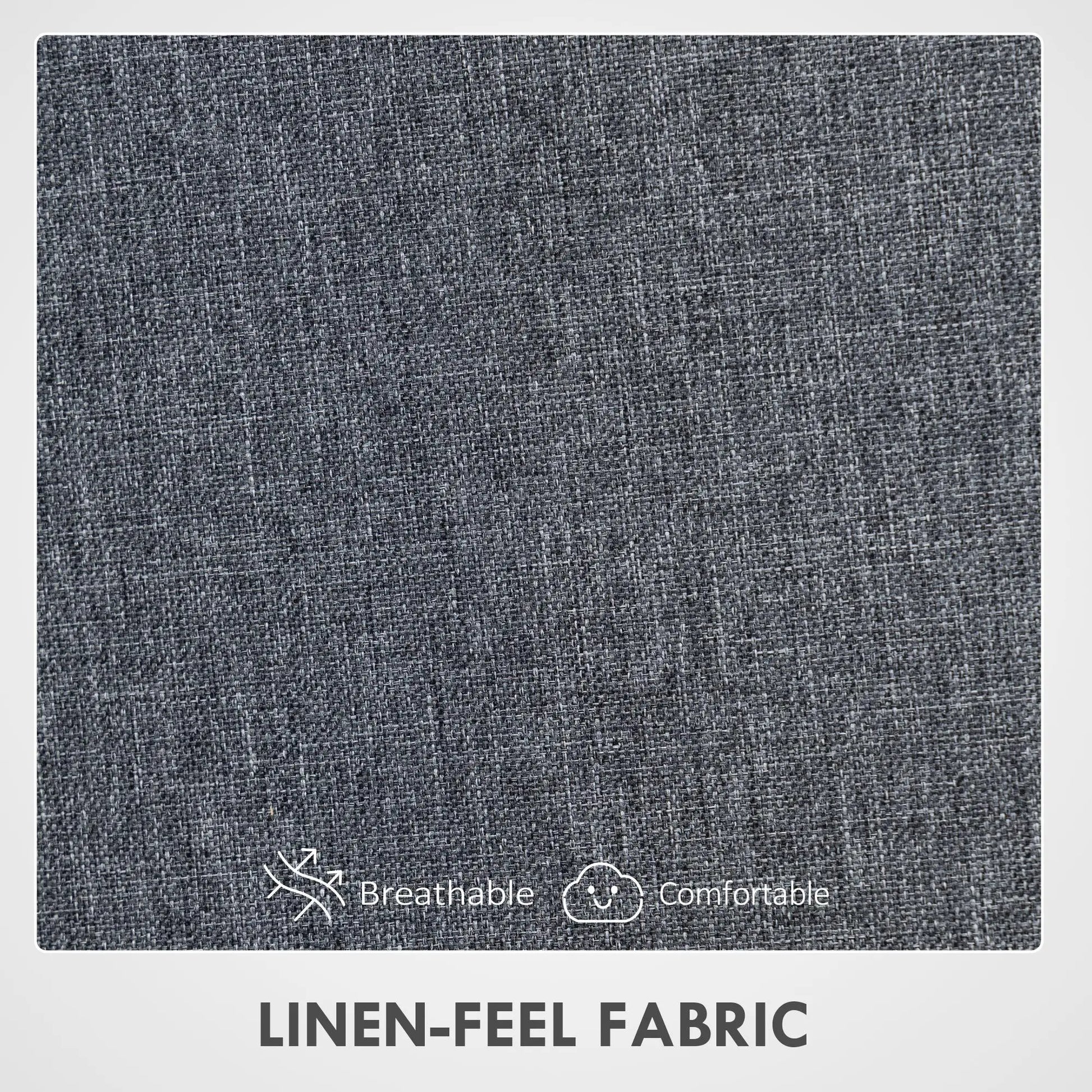 Gray linen-feel fabric swatch with 'Breathable' and 'Comfortable' icons on a gray background.