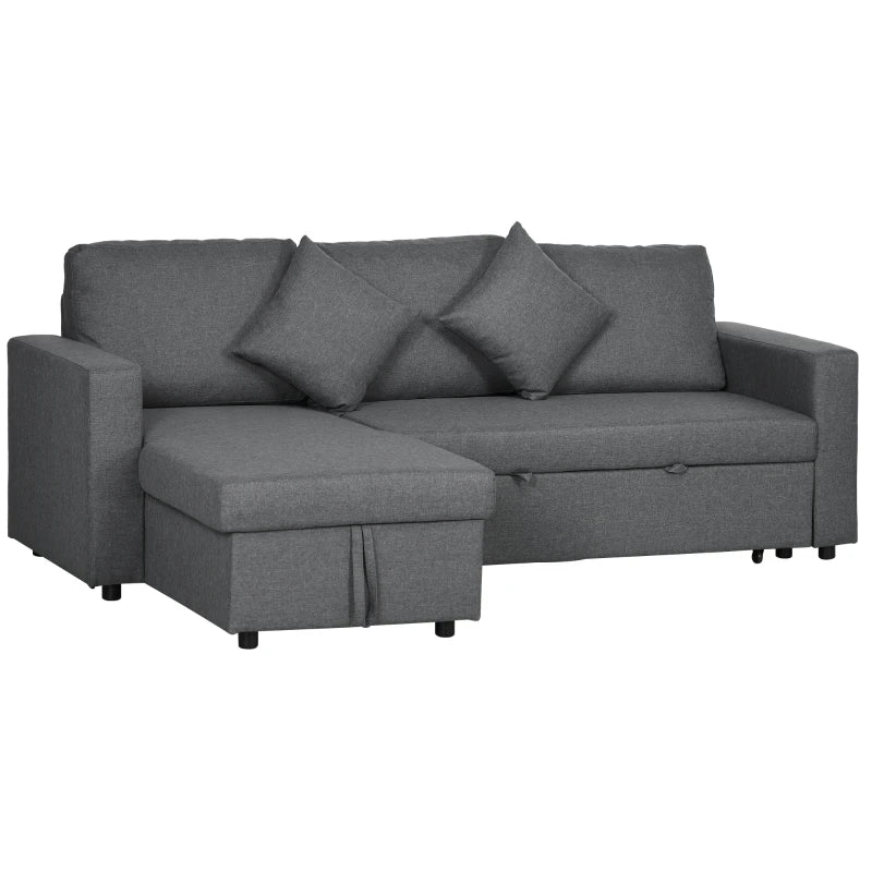 Gray sectional sofa with cushions on a white background