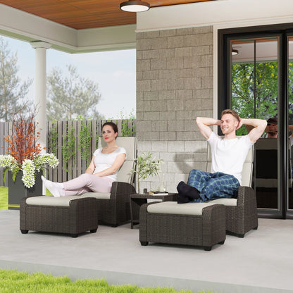 Two people relaxing on patio furniture in a backyard setting.