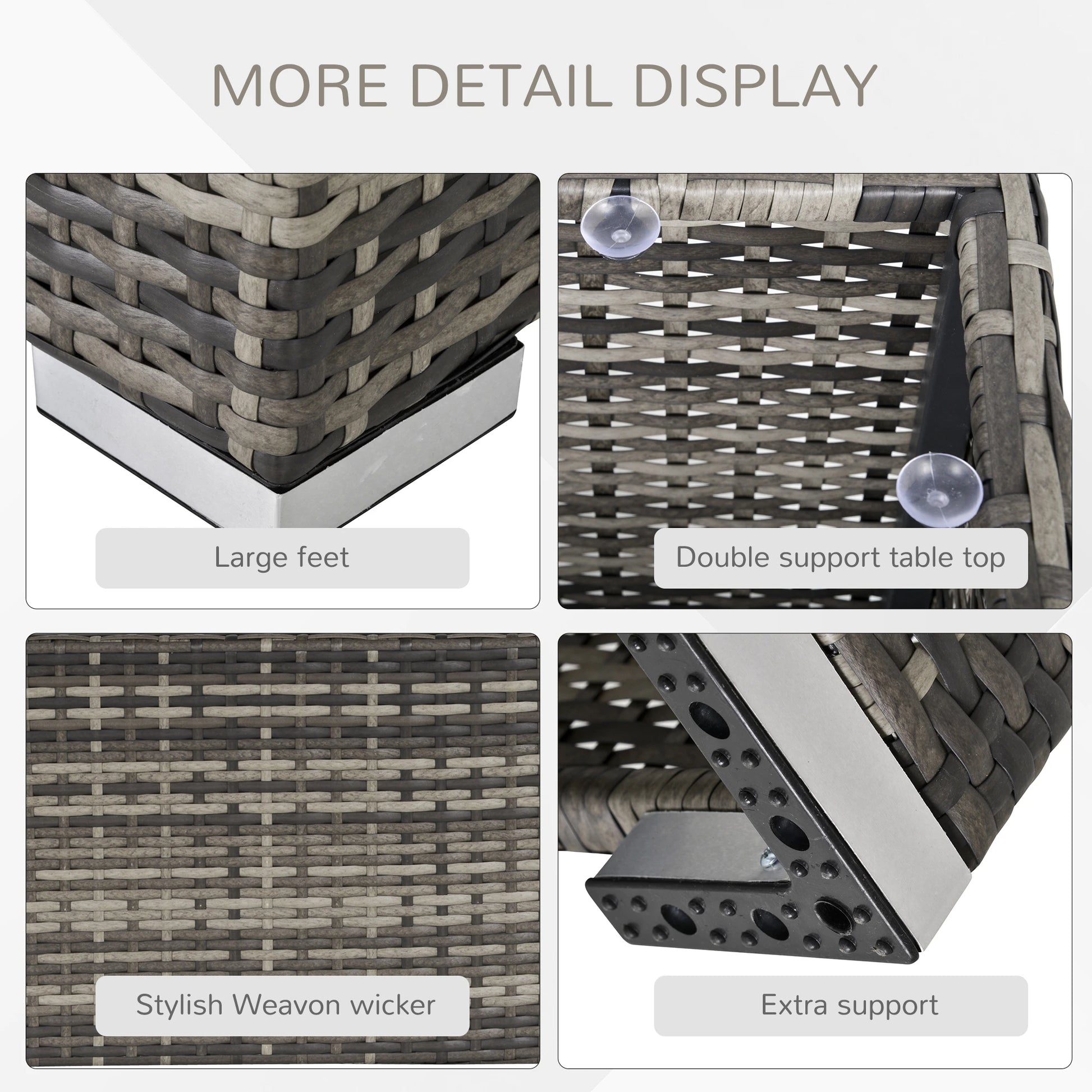 Collage of details about a wicker table with large feet, double support table top, stylish weave pattern, and extra support.