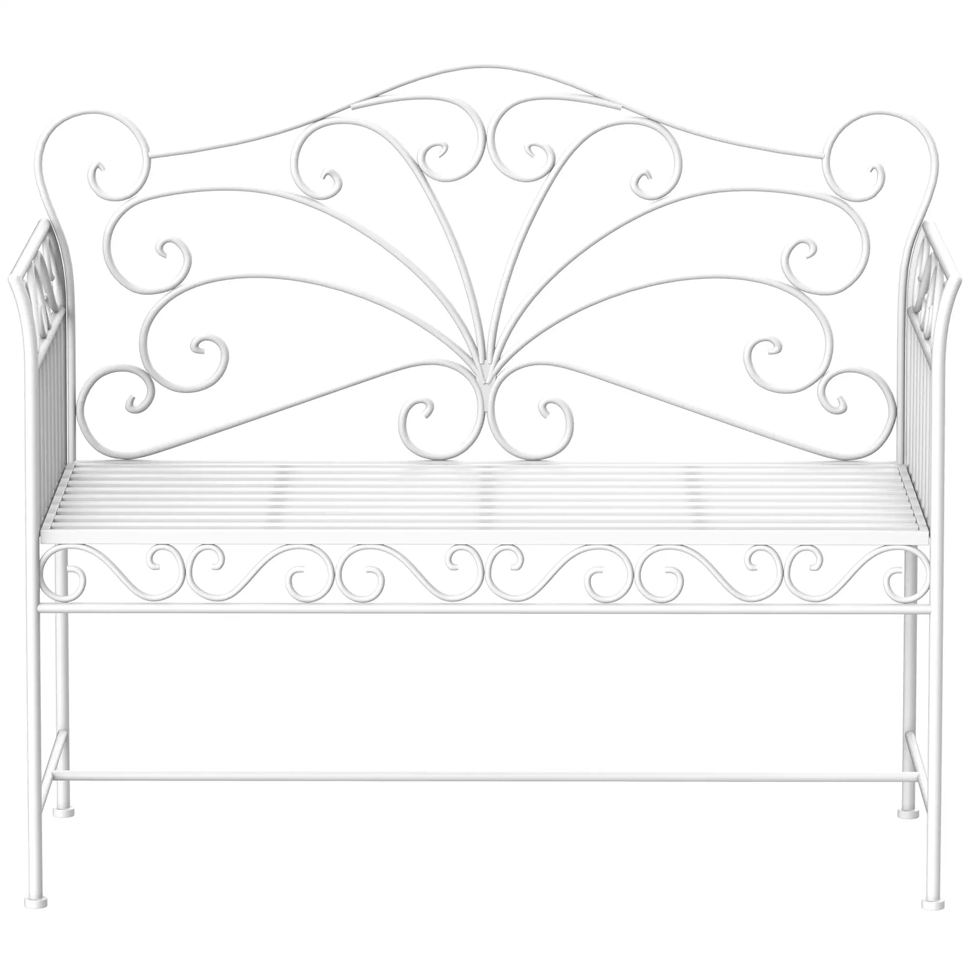 Decorative white metal bench with intricate designs on a white background