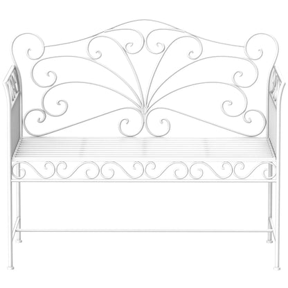 Decorative white metal bench with intricate designs on a white background