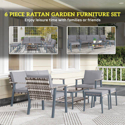 6-piece rattan garden furniture set with gray chairs and table on a patio.