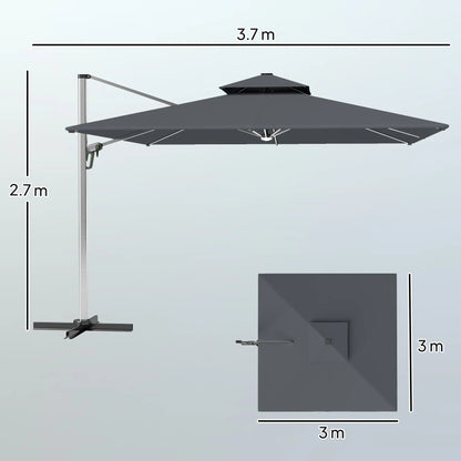 Gray outdoor umbrella with dimensions on a light gray background