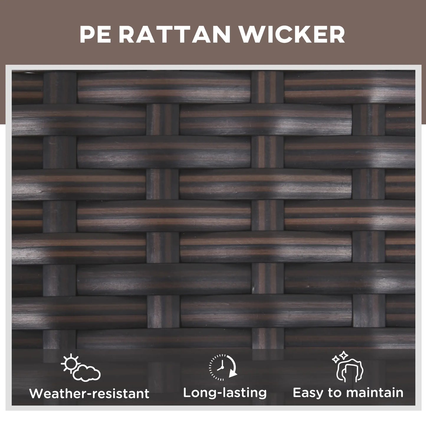 PE rattan wicker pattern with weather-resistant, long-lasting, and easy-to-maintain icons below.