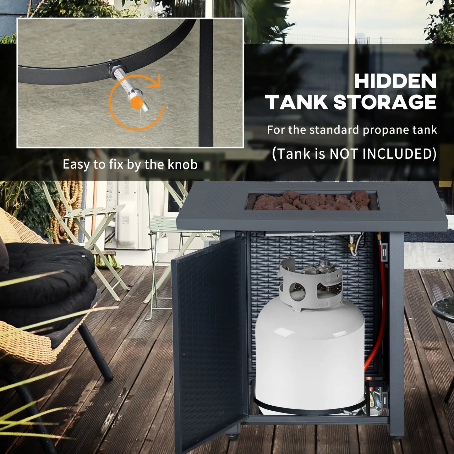 Outdoor propane tank storage solution with hidden compartment on a wooden deck.