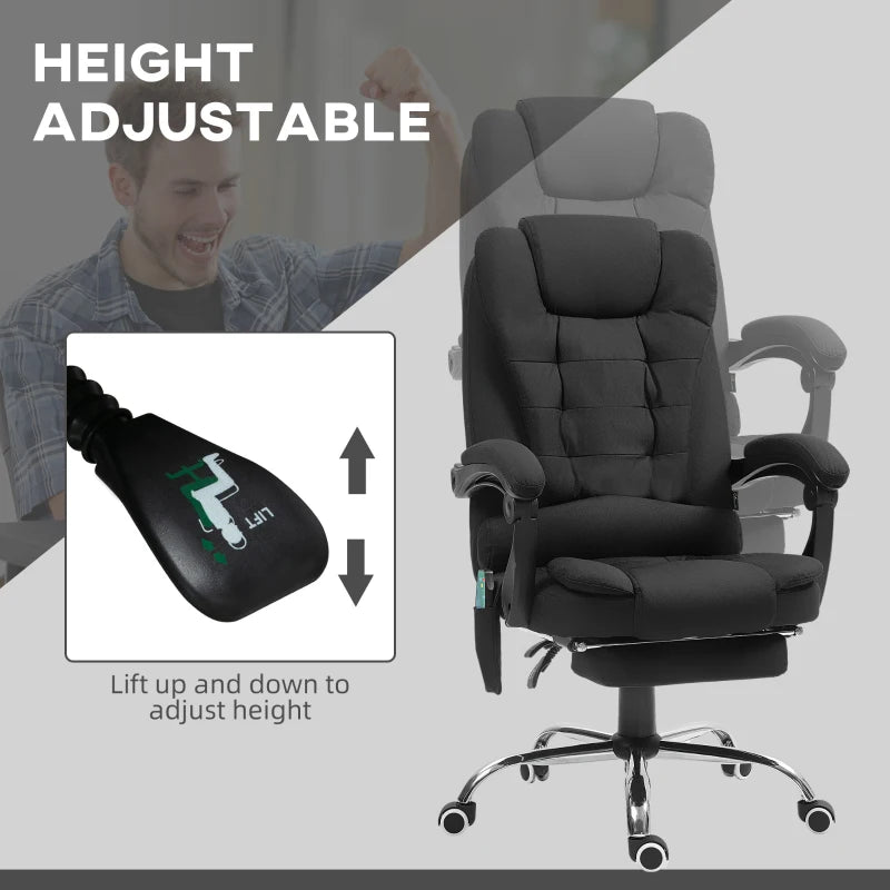 Black office chair with height adjustment feature and a person using the control.
