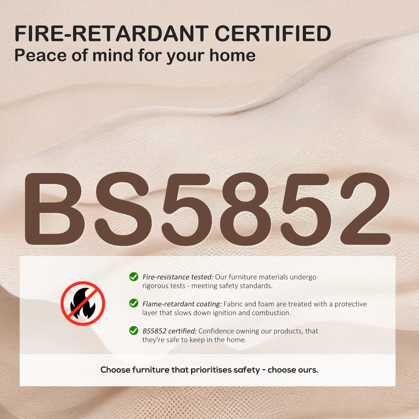 Fire-retardant certified furniture with BS5852 label on a beige background