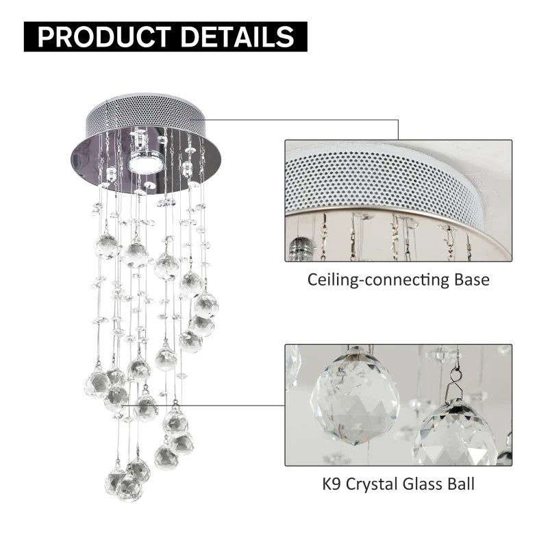Chandelier with K9 crystal glass balls and ceiling-connecting base on a white background