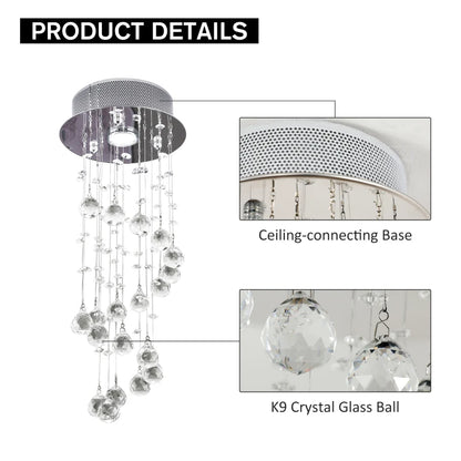 Chandelier with K9 crystal glass balls and ceiling-connecting base on a white background