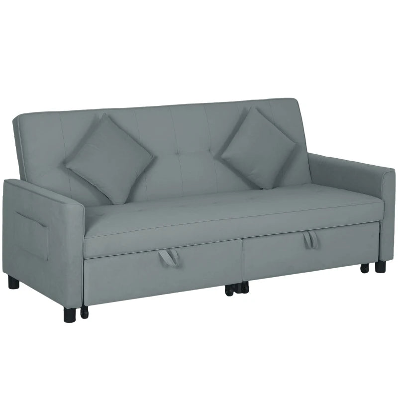 Gray sofa bed with storage drawers on a white background