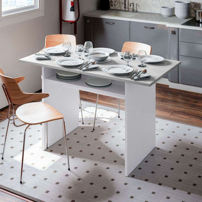 White dining table with wooden chairs in a modern kitchen.