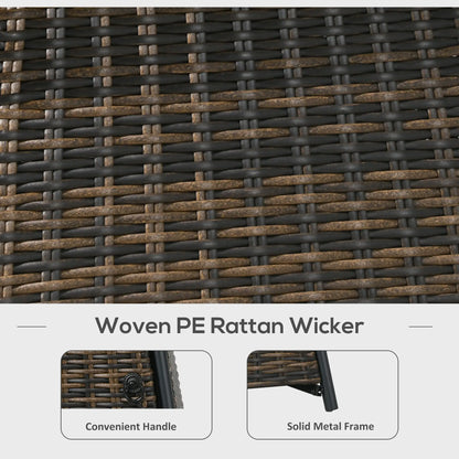 Close-up of woven PE rattan wicker material with text indicating features.