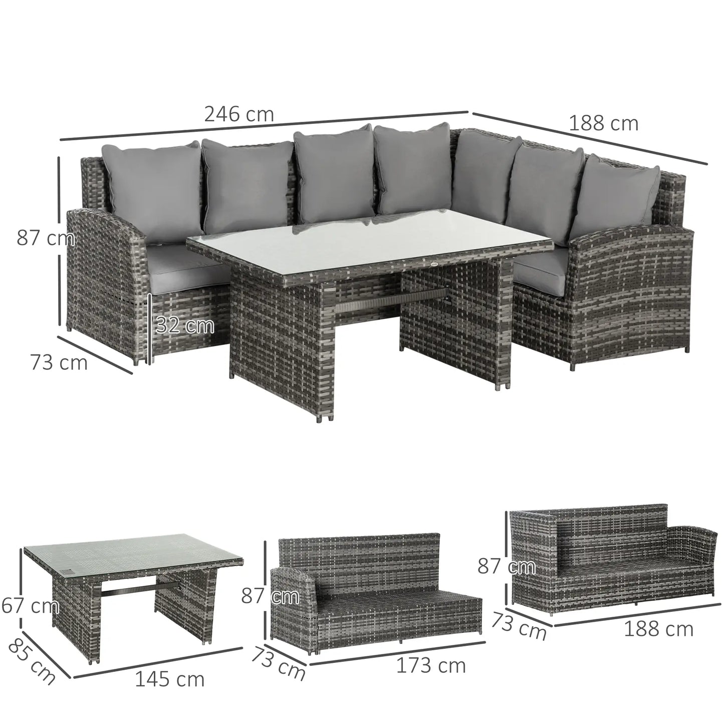Outdoor furniture set with dimensions labeled on a white background
