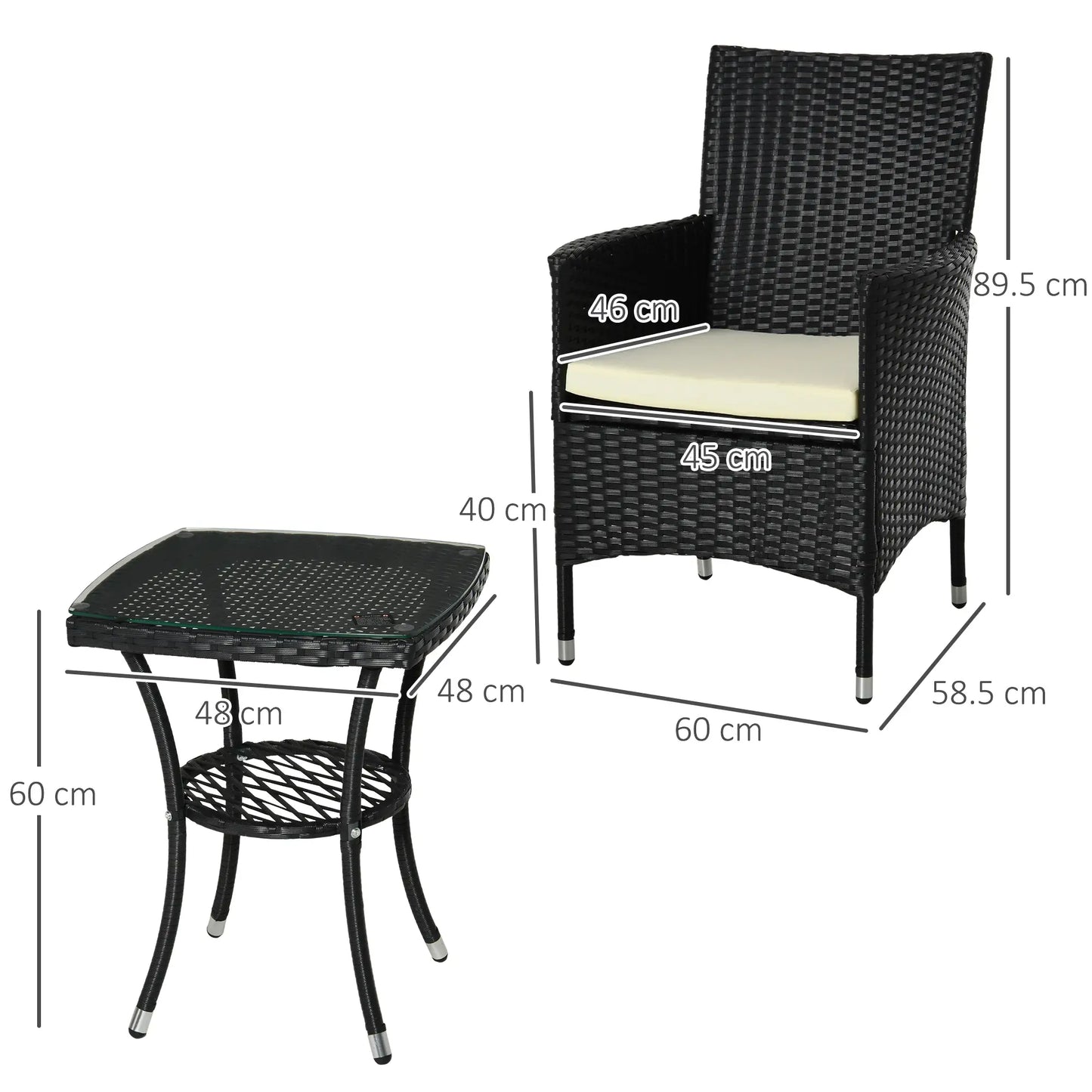 Black wicker chair and table with dimensions on a white background