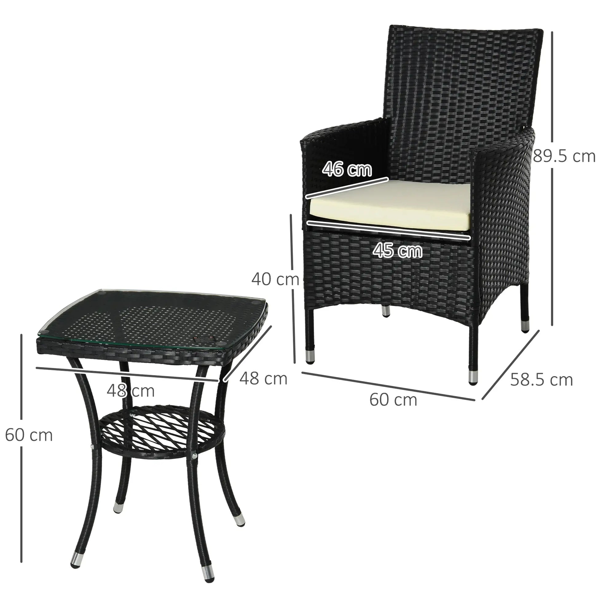 Black wicker chair and table with dimensions on a white background