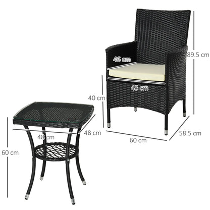 Black wicker chair and table with dimensions on a white background