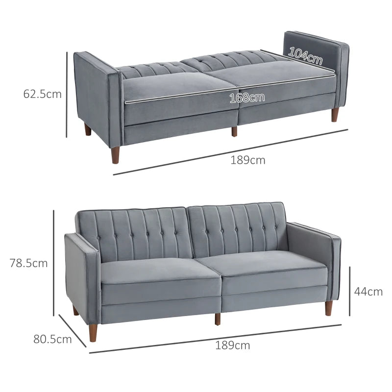 Gray sofa with dimensions labeled on a white background