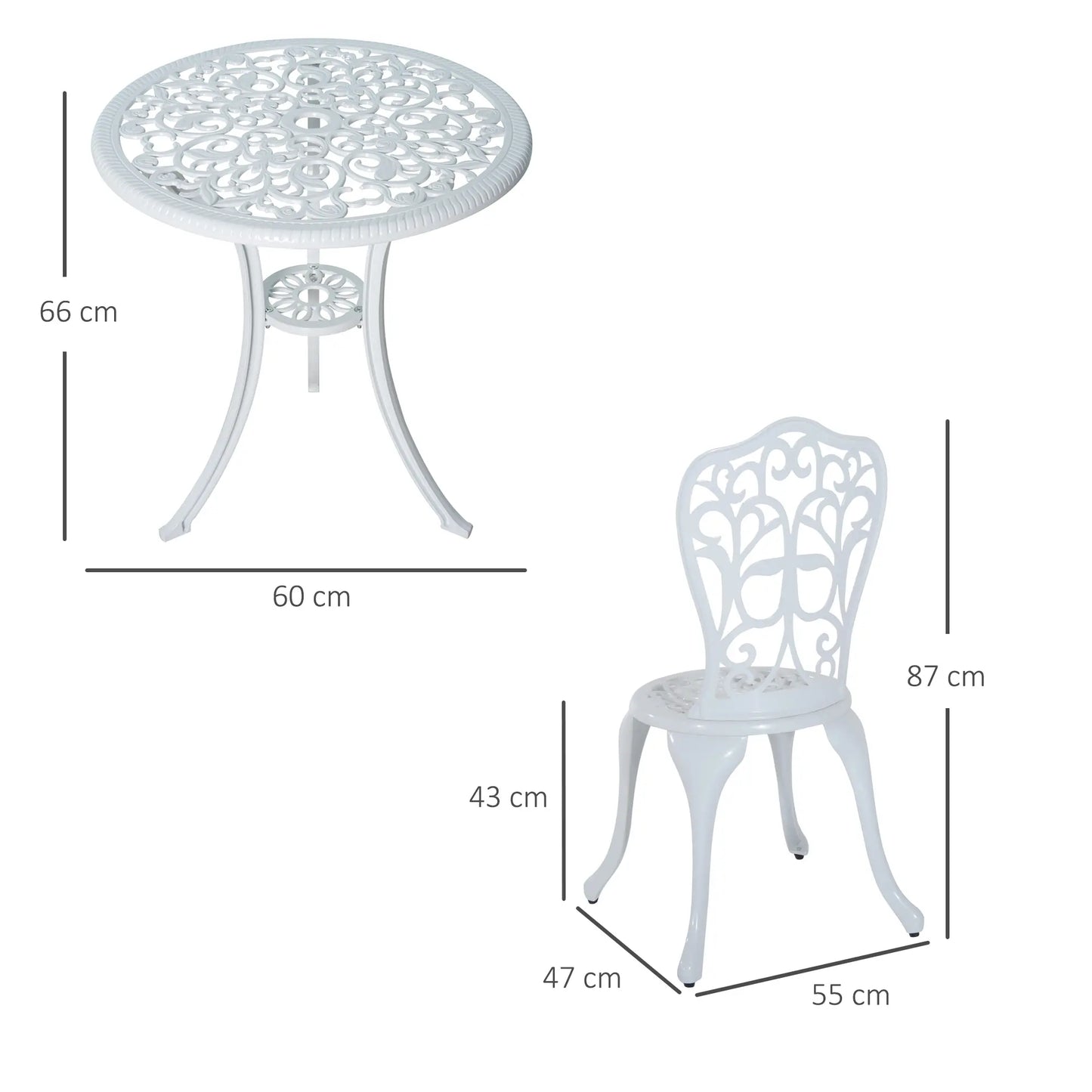 White metal table and chair set with dimensions on a white background