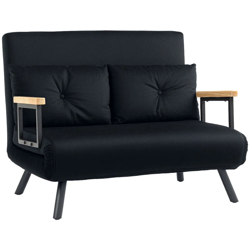 Black sofa bed with wooden armrests on a white background