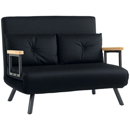 Black sofa bed with wooden armrests on a white background