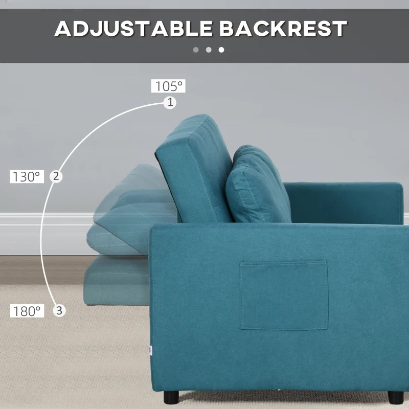 Blue sofa with adjustable backrest feature labeled on a gray background