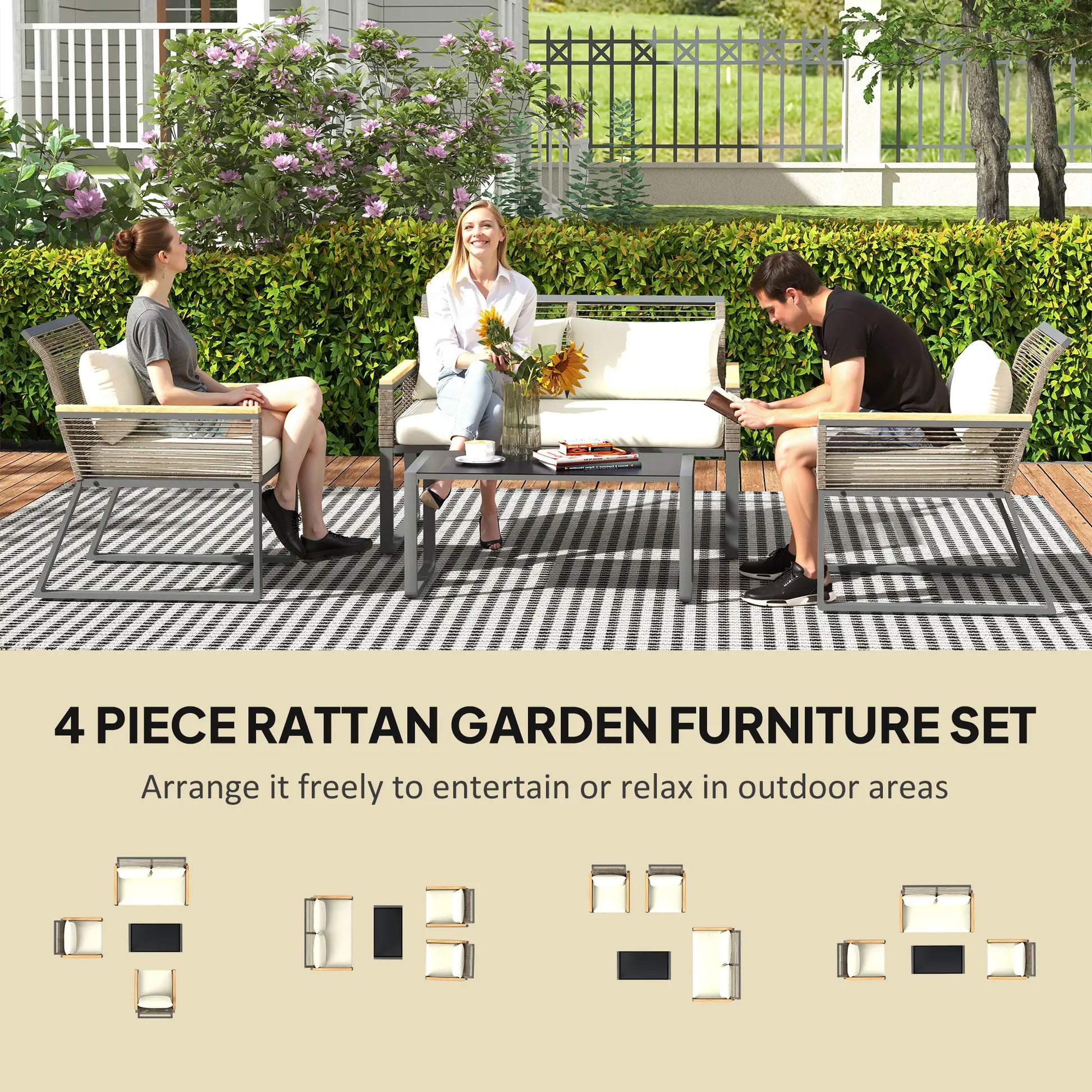 Outsunny Four Piece Wicker Rope Garden Furniture Set with Glass Top Coffee Table