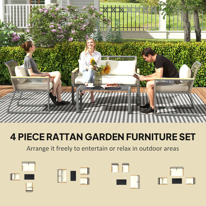 Outsunny Four Piece Wicker Rope Garden Furniture Set with Glass Top Coffee Table