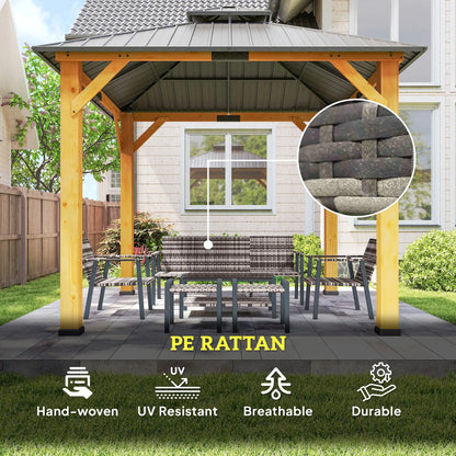 Pergola with outdoor furniture on a patio, featuring PE rattan materials.