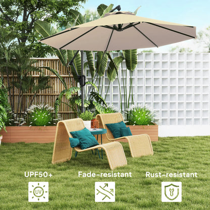 Beige patio umbrella over a garden setting with chairs and plants, featuring UPF50+, fade-resistant, and rust-resistant text.