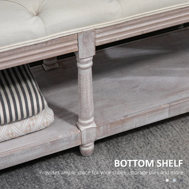 Wooden bench with upholstered seat and bottom shelf, suitable for storage.