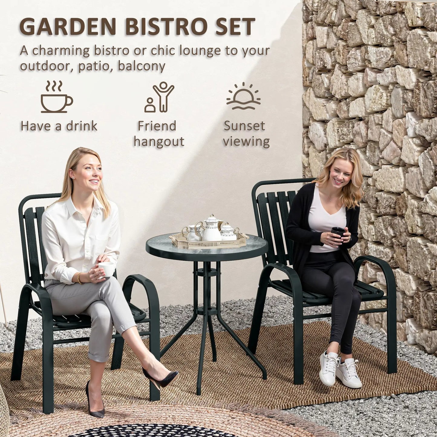Outsunny 3 Pieces Patio Bistro Set with Stackable Chairs